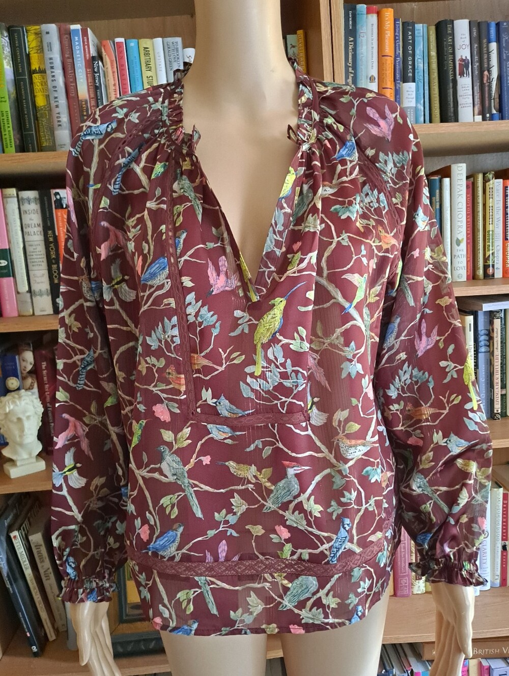 Point Sur Colorful Floral Bird Print V-Neck Blouse in Burgundy